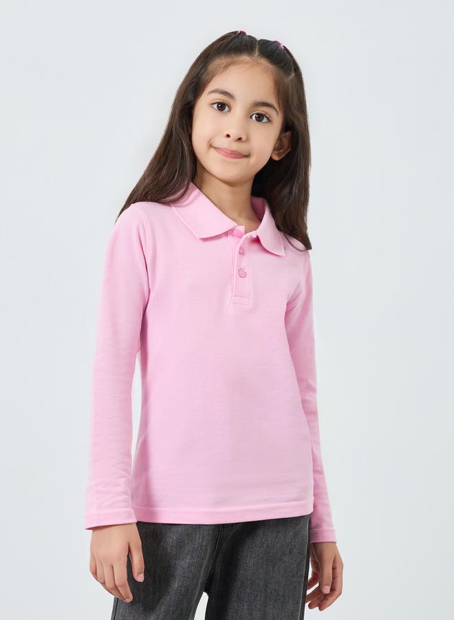 Styli Girls Pink Cotton Long Sleeve Polo T-Shirt - Image 3